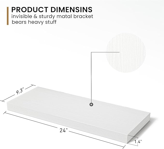 Fun Memories Floating Shelves - 2 Pack 9 Inch Deep Rustic Wooden Wall Shelves - Wall Mounted Storage Shelf with Invisible Brackets, 24" W x 9" D x 1.6" H - White
