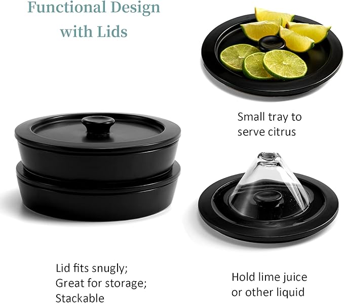 Margarita Salt Rimmer Set of 2 with Lids (Made of Ceramic) Home Bar Accessories Margarita Gift Bartender Kit, Salt Sugar Tajin Glass Rimmer for Cocktails, Black