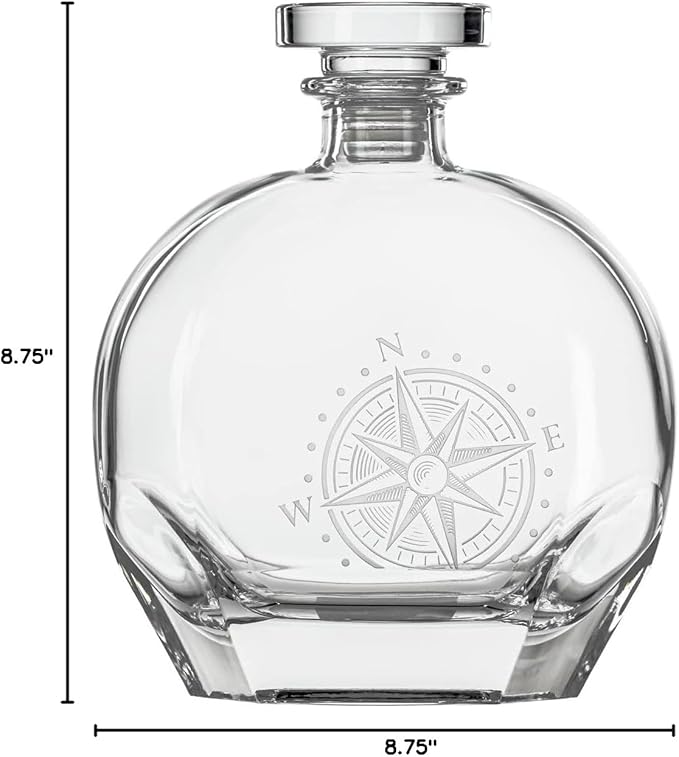 Rolf Glass Compass Star 23oz Whiskey Decanter and 2-10oz On the Rocks Glass 3pc Set | Perfect for Bourbon and Whiskey | Stylish Drinkware for Home Bar and Whiskey Lovers