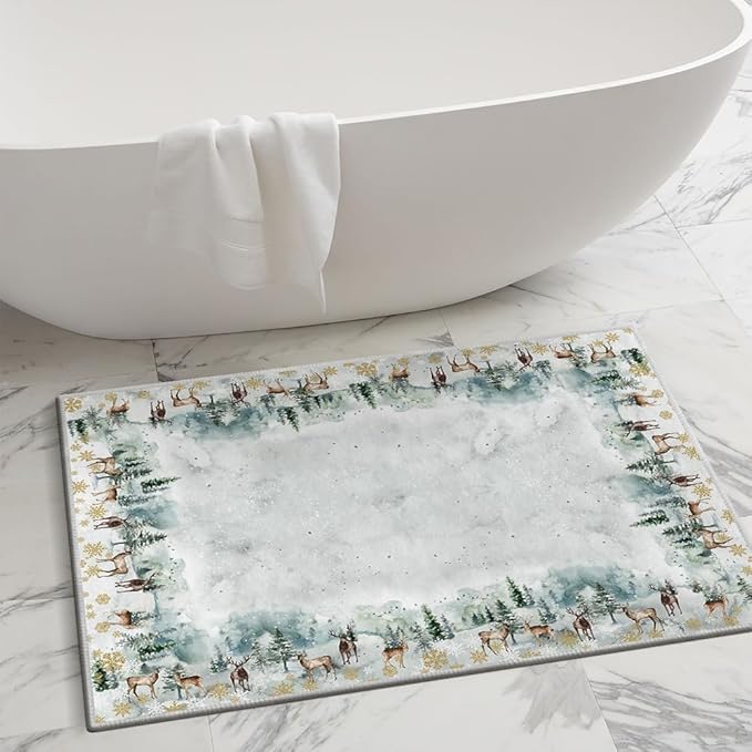 Artoid Mode Deer Snowflakes Pine Tree Christmas Door Mat, Xmas Winter Home Decor Low-Profile Non-Slip Washable Area Rug for Kitchen Entryway Bedroom Bathroom Laundry Room Indoor 2x3 Feet