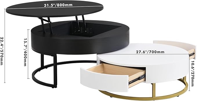 Modern Round Lift-top Nesting Coffee Tables with 2 Drawers for Living Room White & Black