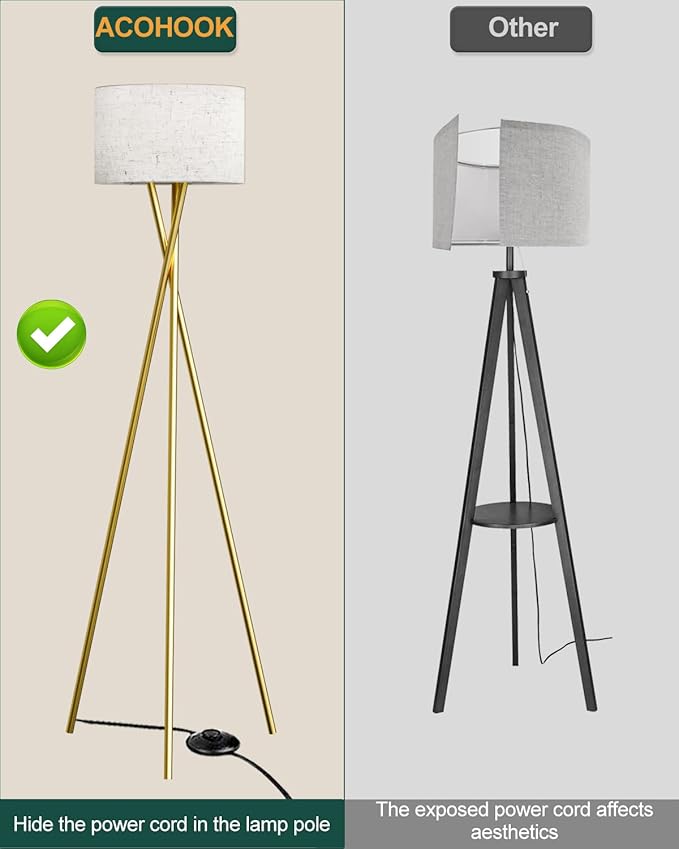 66IN Tripod Floor Lamp, Gold Standing Lamps with E26 Bulb Included, Mid Century Modern Tall Lamps for Living Room Bedroom Home Decor
