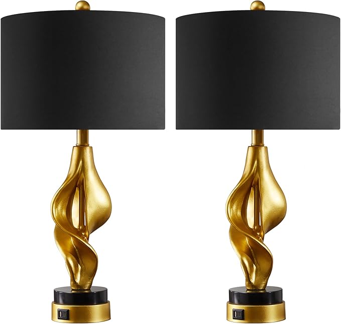 25.5'' Set of 2 Modern Table Lamps for Living Room Bedroom, Gold Leaf Sculptural Bedside Lamps with Marble Base and USB C+A Ports for Office End Tables Nightstand, 2 Bulbs Included