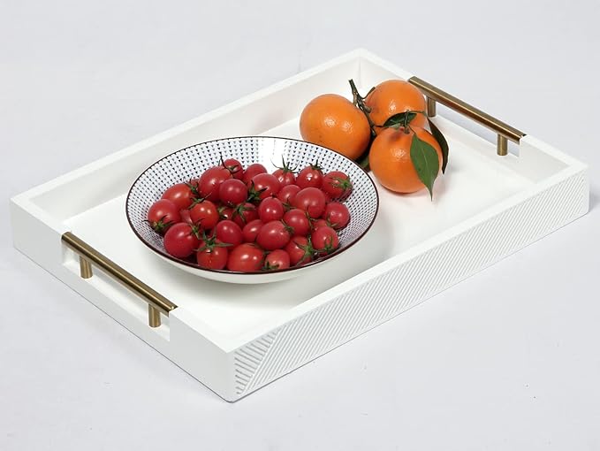 Serving Tray with Polished Metal Handles, 16.5''x12'' Rectangle Coffee Table Tray, Modern Decorative Tray, Large Ottoman Tray, Perfect for Storage and Display (White)