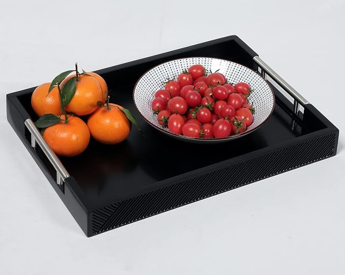 Serving Tray with Polished Metal Handles, 16.5''x12'' Rectangle Coffee Table Tray, Modern Decorative Tray, Large Ottoman Tray, Perfect for Storage and Display (Black)