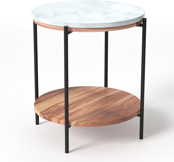 Lyra Round Marble End Table – Solid Acacia Wood Shelf, Open Storage Side Table for Living Room, Bedroom, Entryway, Small Spaces – Nightstand, Plant Stand, Modern Accent Table with Metal Frame