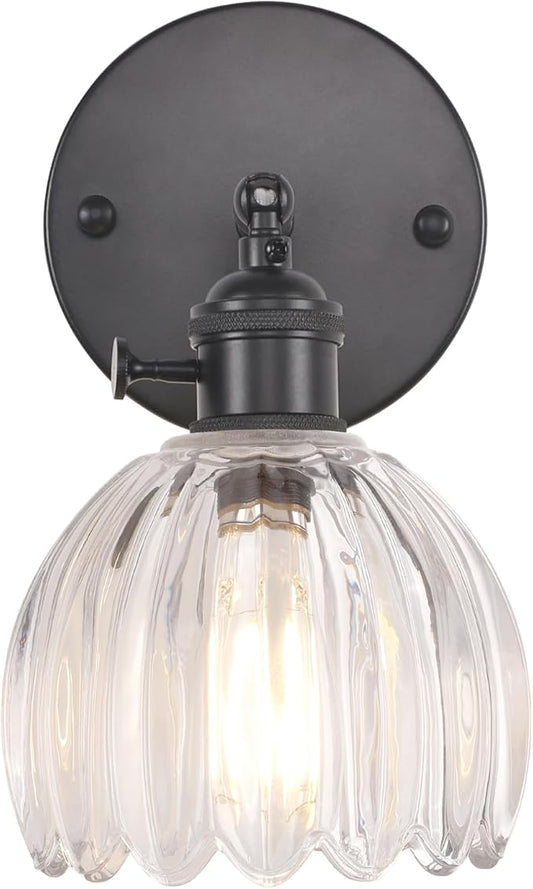 Vintage Wall Sconce with Cute Transparent Tulip Glass Lampshade 180 Degree Adjustable Black Sconce Hradwired Modern Wall Lighting Fixture with Switch for Bedside Bedroom Doorway