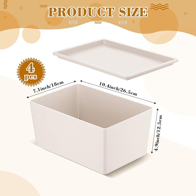 Menkxi 4 Pcs Storage Bins with Lids Plastic Containers Stackable Storage Box Baskets for Organizing Shelves(Beige, Small)