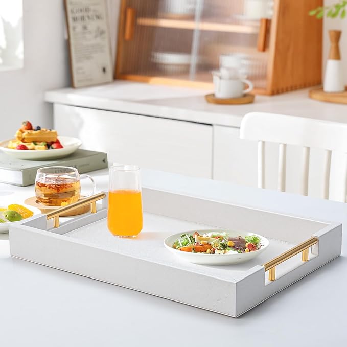 White Decorative Tray for Coffee Table, Modern Large Ottoman Tray for Living Room,Drink Coffee Serving Tray