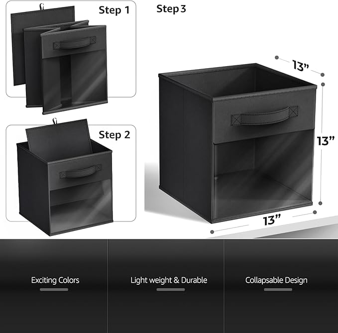 Sorbus 13 Inch Storage Bins with Clear Window - 6 Foldable Baskets for Organizing Clothes, Toys, Books - Sturdy Collapsible Fabric Storage Cubes with Handle - Storage Baskets for Shelves, Closets