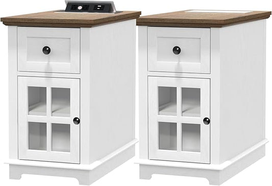 HIFYOBRO Narrow End Table with Flip Top Charging Station Set of 2, Storage Side Table with Drawer and Cabinet, Type-C & USB Port & Power outlets, Wooden Storage Cabinet for Bedroom/Living Room