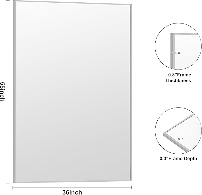 KOCUUY Large Silver Bathroom Mirror, 55x36 inch Rectangular Mirror for Bathroom Sink, Oversized Mirror with Metal Brushed Nickel Frame for Living Room, Farmhouse, Entryway, Hang Horizontal/Vertical