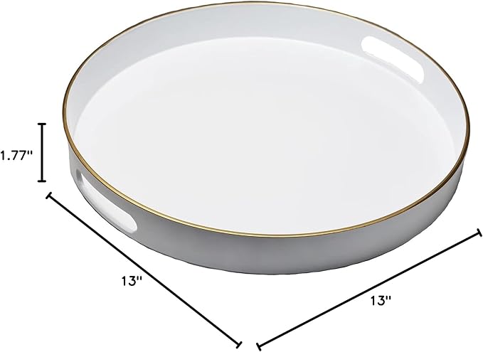 Spsyrine Round White Decorative Tray, 13" Plastic Serving Table Tray with Handles for Breakfast, Round Modern Ottoman Tray for Coffee Table, Bathroom, Kitchen, Living Room
