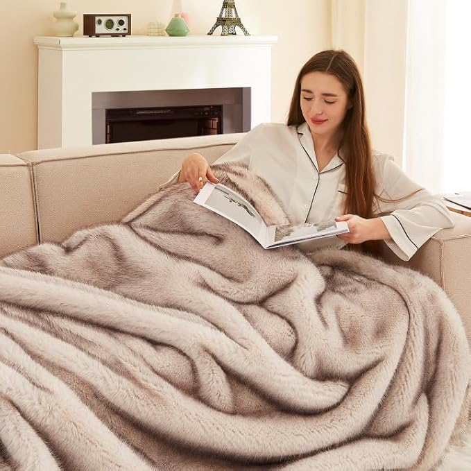 L'AGRATY Faux Fur Throw Blanket: 60''x 80'' Luxury Fluffy Plush Thick Faux Fur Blanket for Bed Couch Sofa - Cozy Soft Fuzzy Blankets for Women Man: Minky Couture Decoration Blanket (Taupe Brown)