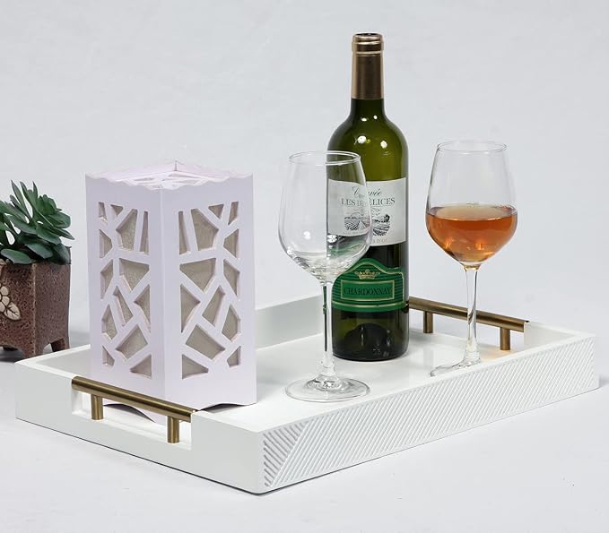 Serving Tray with Polished Metal Handles, 16.5''x12'' Rectangle Coffee Table Tray, Modern Decorative Tray, Large Ottoman Tray, Perfect for Storage and Display (White)