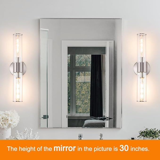 Brushed Nickel Bathroom Sconces Set of 2, Modern Wall Sconce Lighting with Clear Glass, Harded Wired Wall Sconces Set of Two, Wall Light Fixtures Over Mirror, Sconces Wall Lighting for Laundry, Porch