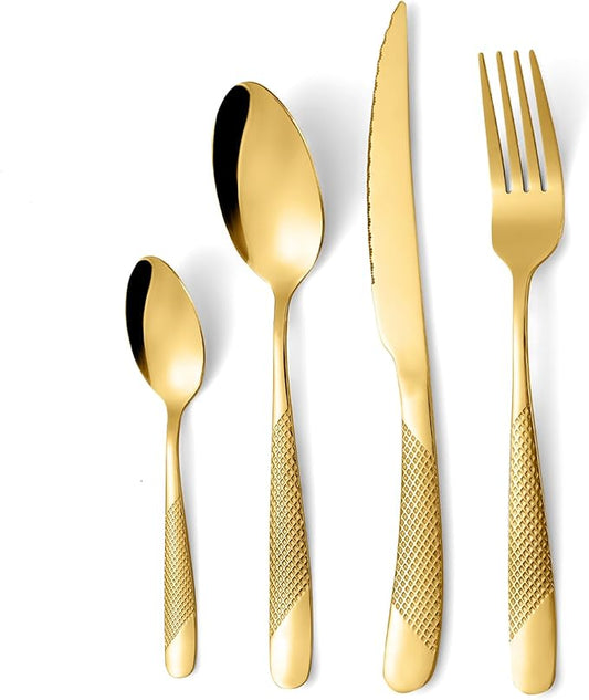 24-Piece Golden Hammered Silverware Set, Food-Grade Stainless Steel Flatware Service for 6, Modern Cutlery Utensil Set with Forks Knives Spoons, Mirror Polished, Dishwasher Safe for Kitchen Dining
