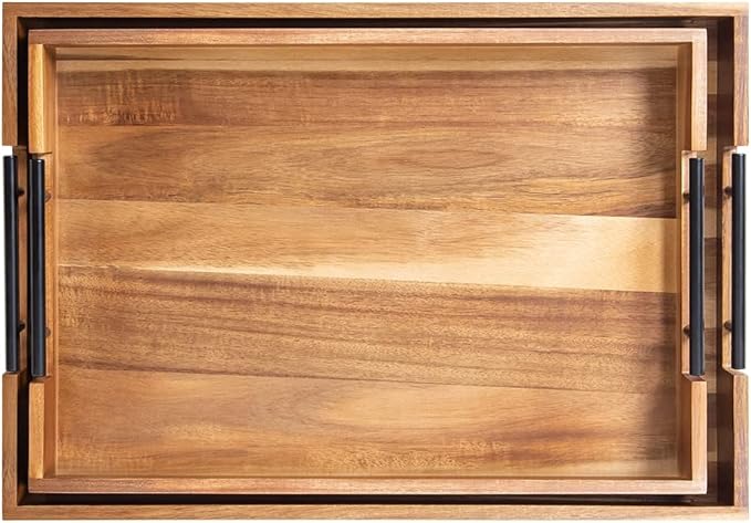 Extra-Large Wooden Tray Set of 2, (20.1'' + 18.1'') Serving Tray with Metal Handles, Rectangle Rustic Serving Trays for Breakfast, Used in Kitchen Counter, Coffee Table, Bedroom, Living Room