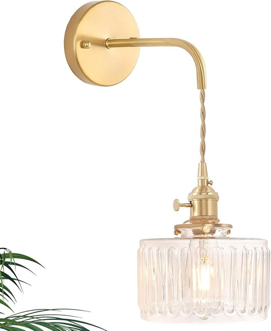 Vintage Wall Sconce Wall Lamp with Clear Striped Shade Pattern Glass Adjustable Chain Retro Gold Wall Mounted Light, Modern Wall Lamp Fixtures Decor for Bedside Bedroom Indoor Doorway