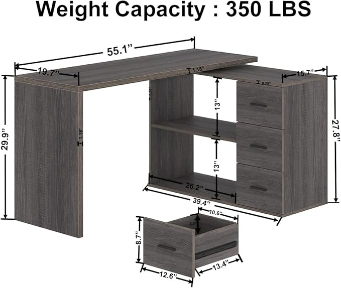 HSH L Shaped Computer Desk with Drawers, 360 Rotating L Shape Desk with Storage Cabinet Shelves, Industrial Home Office Desk for Executive Writing Study Work, Dark Wood Table Swivel Desk, Gray 55 Inch