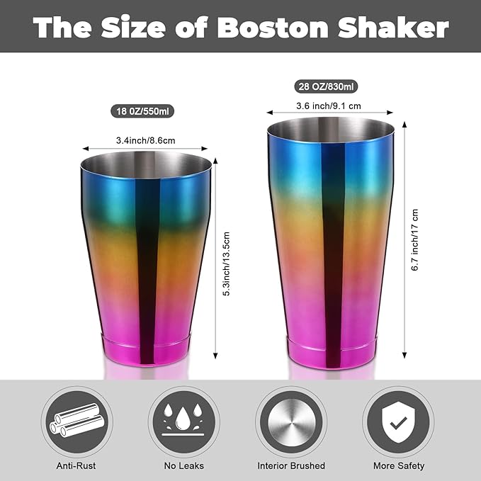 Sabary 6 Pcs Cocktail Shakers Professional Bar Shaker Boston Set Stainless Steel Martini Drink Mixer Basic Tool Weighted Shake Metal Can Cocktail Shaker Set, 18 Oz, 28 oz (Gradient Color)