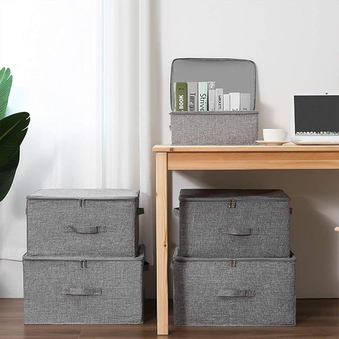 ANMINY 3PCS Storage Bins with Zipper Lids 36 Qt Lidded Fabric Storage Boxes Baskets Cubes with Handles Collapsible Washable Cotton Linen Closet Shelf Clothes Organizer Containers - Gray, Large