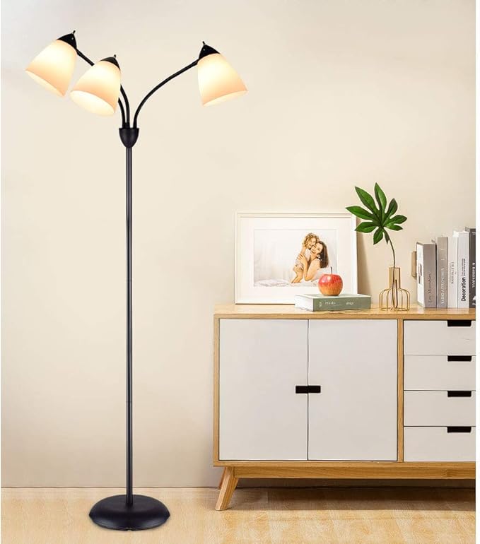 DINGLILIGHTING DLLT Modern Reading Floor Lamp, 3-Light with Adjustable Flexible Gooseneck Tree Standing Lamp for Living Room, Bedroom, Study Room, Office -Black Metal White Shades, E26 Base