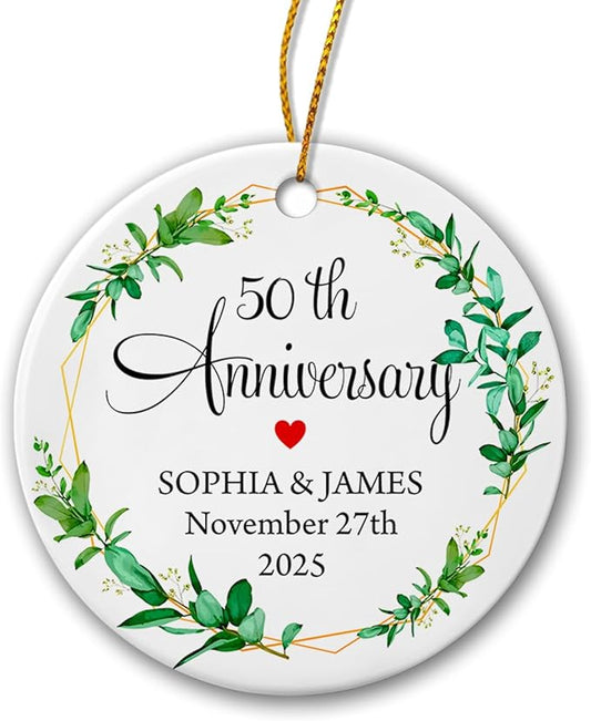 50th Wedding Anniversary Ornament, Personalized Happy Anniversary Ornament Gift for Mom Dad Grandparents, 50 Years As Mr & Mrs 2025 Xmas Ceramic Ornament, Custom Names & Years Anniversary Married