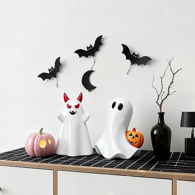 2 pcs Ghost Figurines Halloween Indoor Decoration, White Cute Ghost Halloween Table Decor Tiered Tray Decorations,Funny Devil&Pumpkin Ghost Figurine Resin Statue Centerpieces