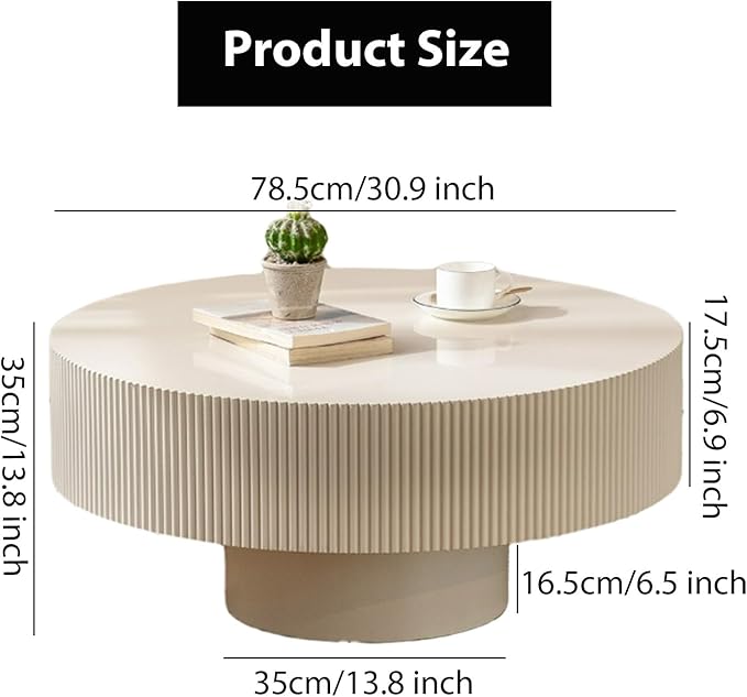 Round Fluted Coffee Table Mid Century Modern Coffee Tables with Handcrafted Relief Circle Drum End Table Rustic Industrial Center Tables for Apartment Living Room (White Round Thick)