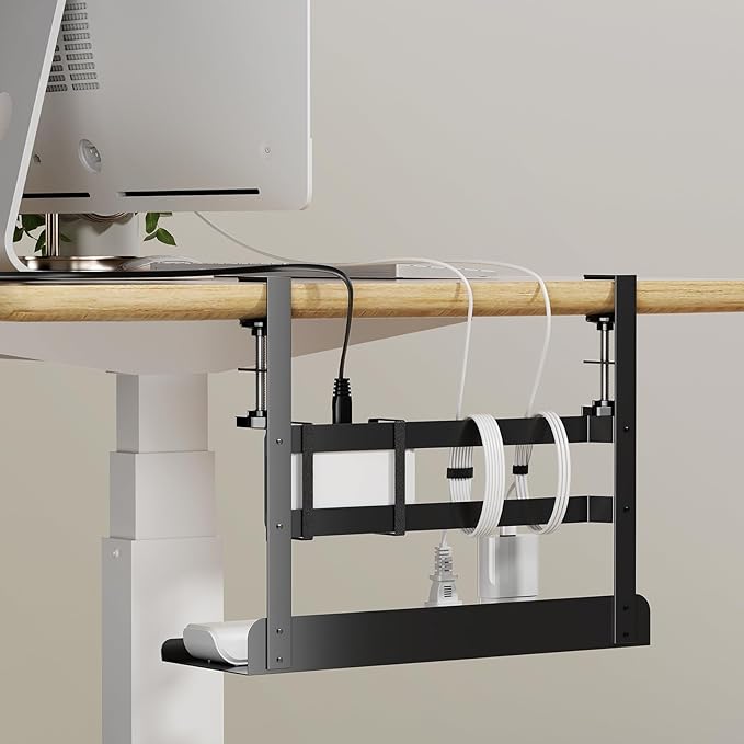 YECAYE Under Desk Cable Management Tray, All-Metal Clamp-Mount Cable Management Organizer Tray, Computer Cord Organizer Rack, Standing Desk Wire Organization for Office and Home, Black