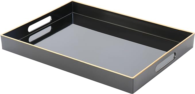 Black Sturdy Acrylic Serving Tray with Handles-15.7x11.8Inch, Morden Plastic Rectangular Serving Tray for Coffee Table Bathroom, Ottoman, Home Decor