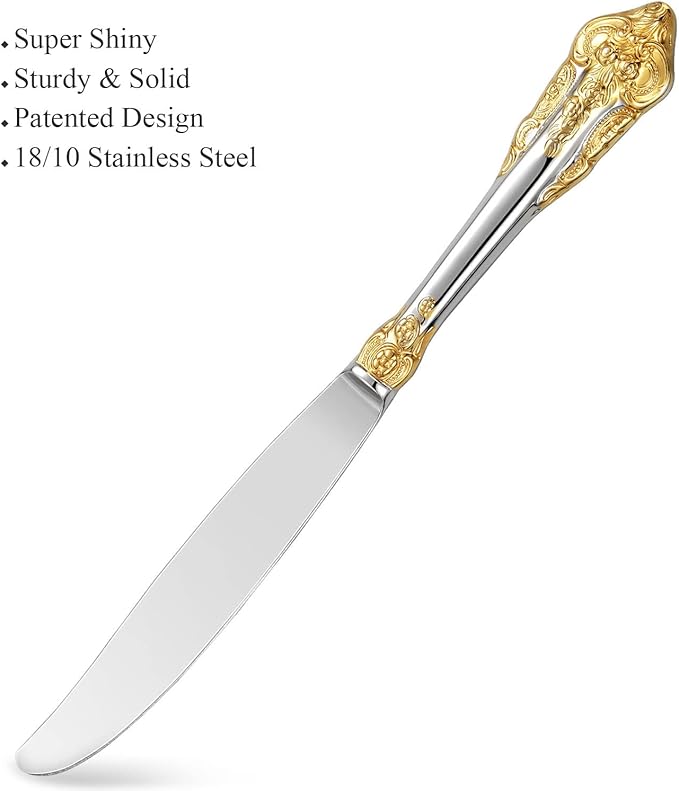 KEAWELL Luxury 20 Pieces 18/10 Stainless Steel Flatware set, Service for 4, silver plated with gold accents, Fine Silverware set and Dishwasher Safe (Gold Accent)