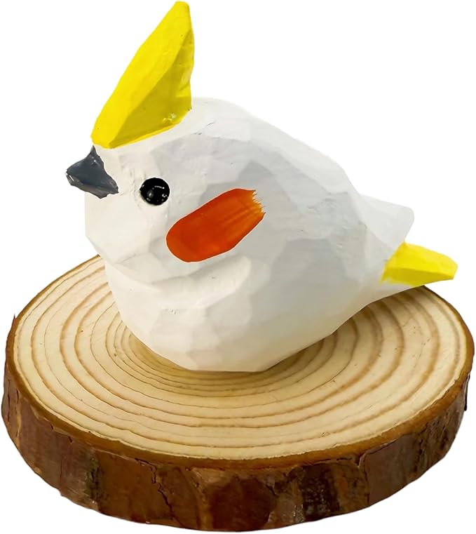 Wooden Bird Figurines Funny Desk Accessories Hand Carved Wood Decorative Small Birds Animal Miniature Statues Ornament for Home Room Decor (Yellow White)