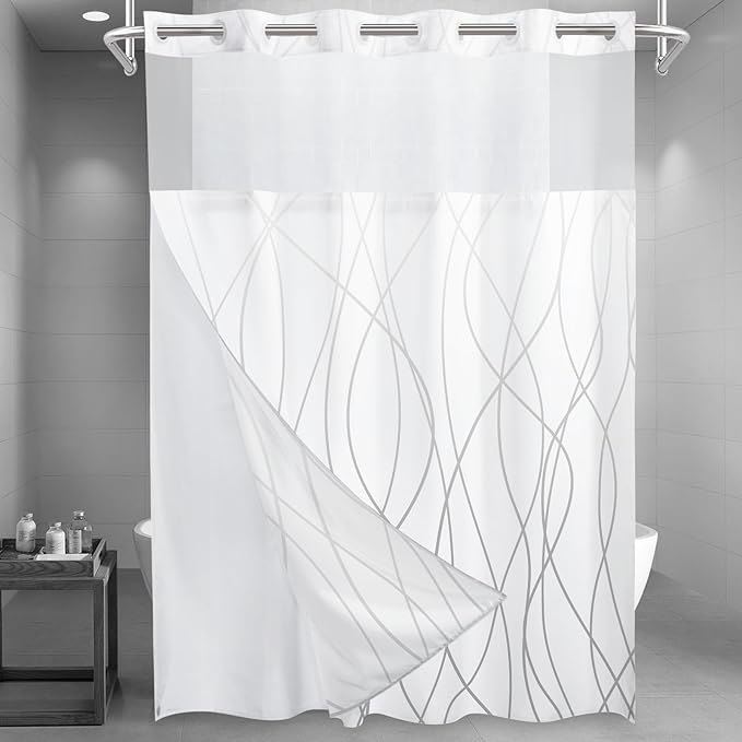 No Hook Ombre Grey White Striped Long Shower Curtain with Snap in Liner Set - Hotel Shower Curtain and Liner Set with See Through Mesh Top Window,Machine Washable, 71x86 INCH