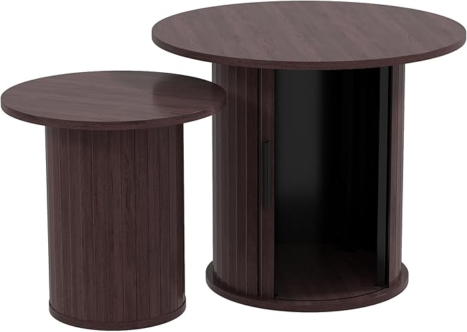 Nesting Coffee Table Set of 2 with Hidden Storage & Sliding Door, Circle Wood Coffee Table, Farmhouse Side & End Table Sets for Living Room, Small Spaces, Walnut