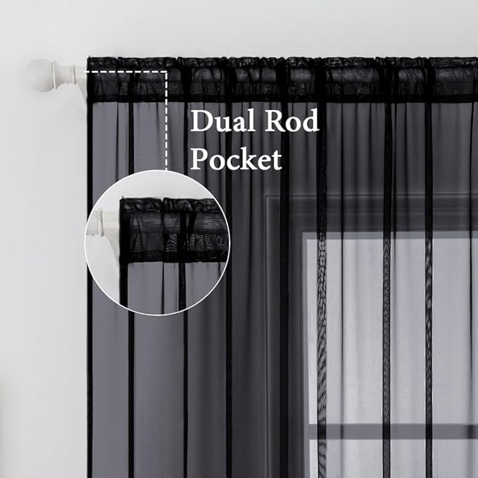 MIULEE 2 Panels Solid Color Sheer Window Curtains Elegant Halloween Window Voile Panels/Drapes/Treatment for Bedroom Living Room (54X63 Inches Black)