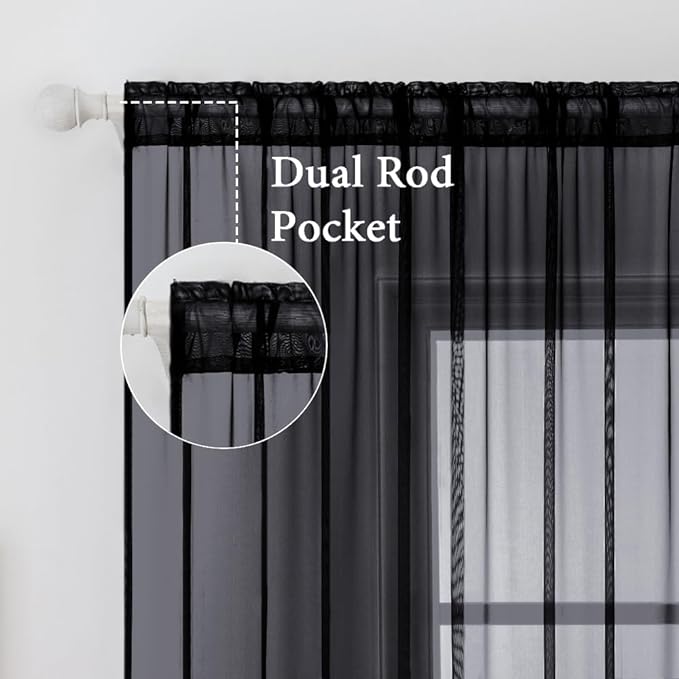 MIULEE 2 Panels Solid Color Sheer Window Curtains Elegant Halloween Window Voile Panels/Drapes/Treatment for Bedroom Living Room (54 X 84 Inches Black)