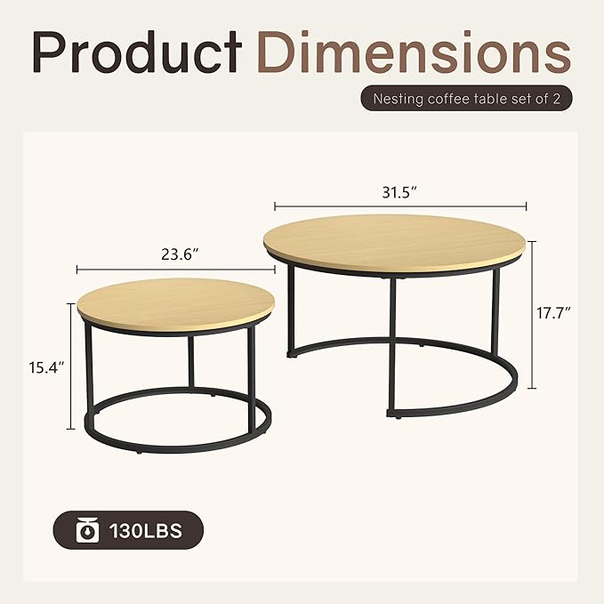 Nesting Tables Set of 2, 31.5" Round Coffee Table, Small Nesting Coffee Table with Adjustable Non-Slip Fee, Wood Grain Top Nesting Tables for Living Room, Bedroom (Wood Grain Light Brown)