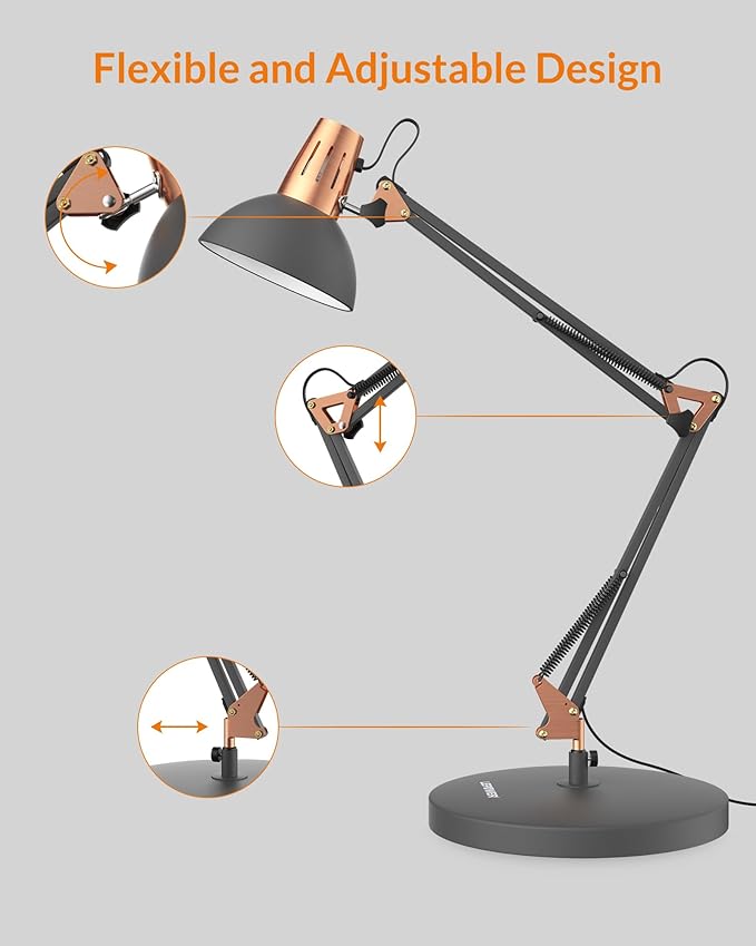LEPOWER Metal Desk Lamp, Adjustable Goose Neck Architect Table Lamp with On/Off Switch, Swing Arm Desk Lamp with Clamp, Eye-Caring Reading Lamp for Bedroom, Study Room &Office (Sandy Black)