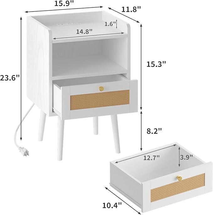 Night stand Set of 2, Bedside Tables with Charging Station, Rattan End Tables, Boho Bed Side Tables, Wood Nightstands set of 2 for Kids' Room Farmhouse Bedroom Living Room Dorm Sofa Couch (black)