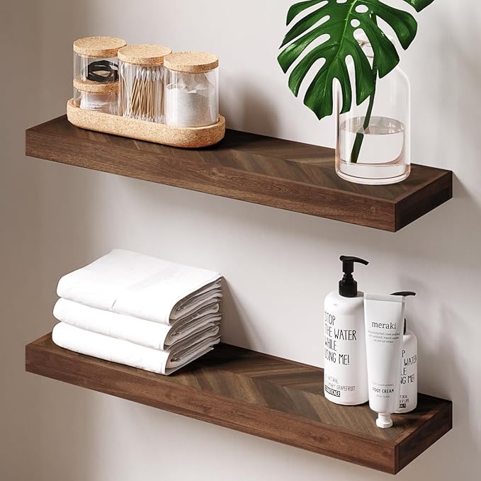 24" Acacia Chevron Floating Shelves Set of 2 - Wall Mounted Wooden Shelf for Stylish Home Décor - Walnut Color - 24x6.7x1.5 Inches