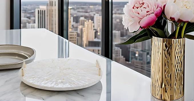 PEMAR Mother of Pearl Decorative Tray, 13" Round Display & Serving Tray with Gold Handles, Vanity/Perfume/Trinket Catchall for Dresser, Bathroom, Vanity Table (White Cream Sunlight Starburst Pattern)