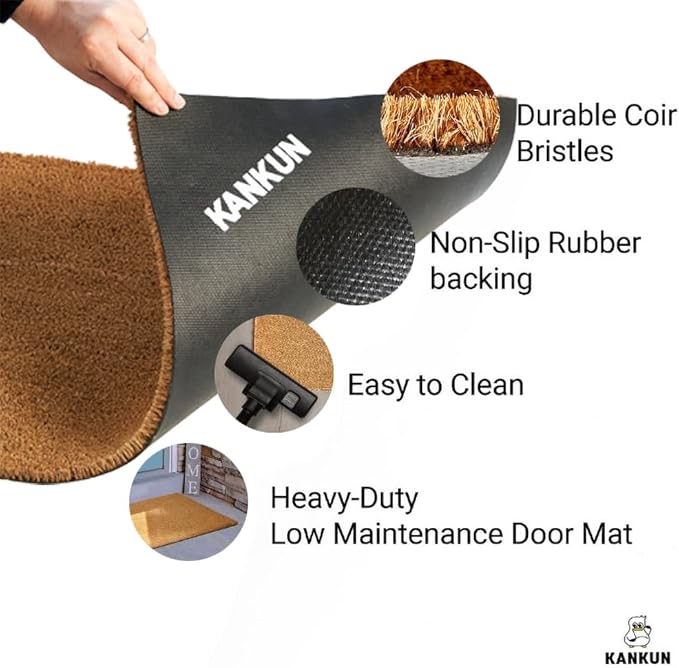 KANKUN Coco Coir Door Mat with Heavy Duty Backing, Welcome Doormat (17" x 30"), Doormat Entrance (Plain - 2Pack)