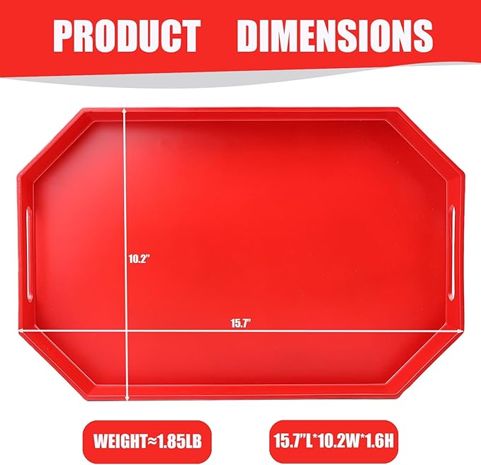 Red Octagonal Serving Tray with Handles for Coffee Table, Plastic Decorative Tray for Ottoman, Kitchen Counter, Living Room, Outdoor Lacquer Tray for Entertaining