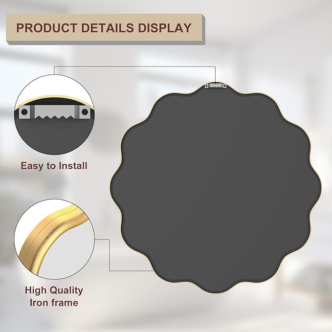PROHOMEWARE Gold Round Mirror 24 Inch Wavy Bathroom Vanity Mirror Gold Frame Modern Wall Mirror Decorative Wall-Mounte Anti-Rust, Tempered Glass