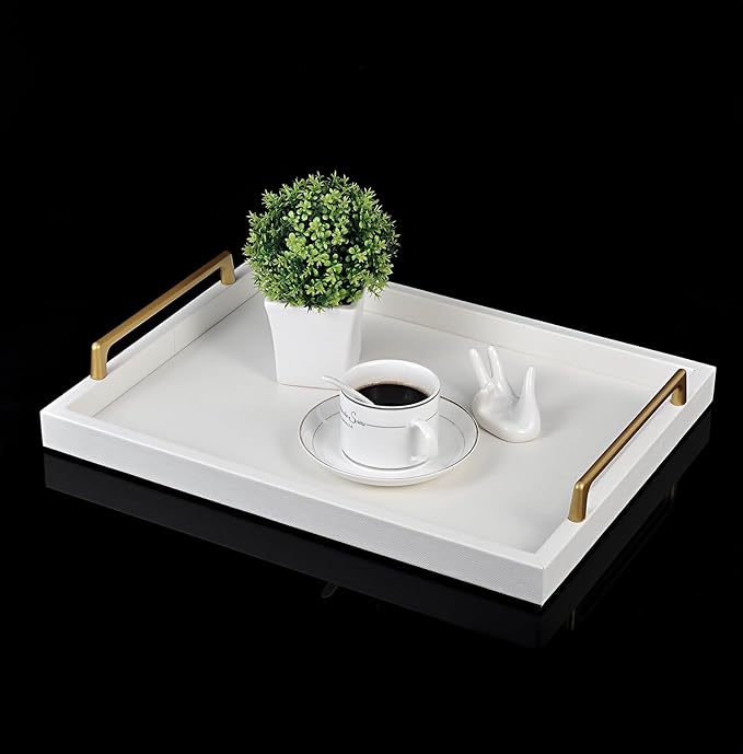 MCBZ Home Decor Rectangular Decorative Tray, Wooden Leather Serving Tray with Gold Hardware Carrying Handles, Suitable for Party Birthday Wedding Family All Occasions 16.5 * 12.6"（Creamy White）