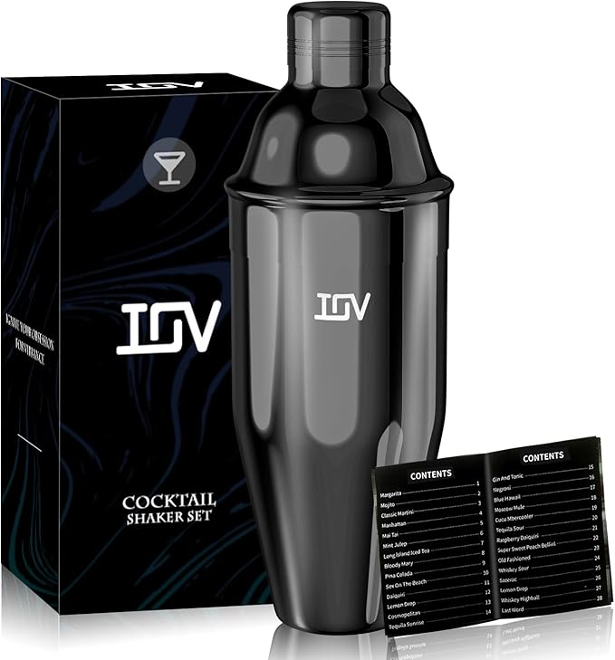 IOV Cocktail Shaker, 24 oz Martini Shaker, Drink Mixer with Built-in Strainer, Professional Stainless Steel Margarita Alcohol Shaker with Cocktail Recipe Guide, Bartender Kit Gifts, Black