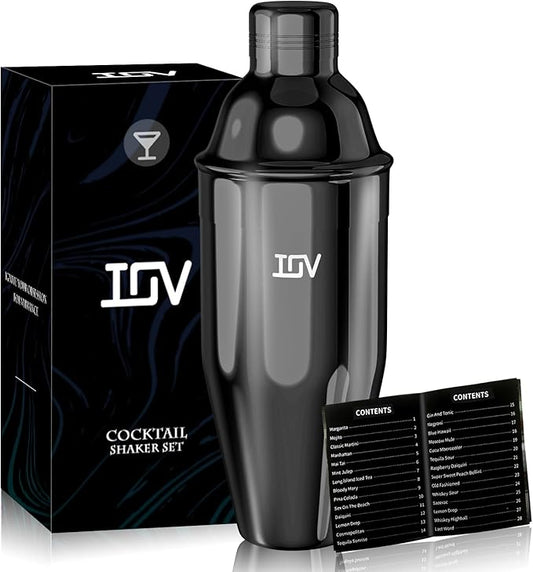 IOV Cocktail Shaker, 24 oz Martini Shaker, Drink Mixer with Built-in Strainer, Professional Stainless Steel Margarita Alcohol Shaker with Cocktail Recipe Guide, Bartender Kit Gifts, Black