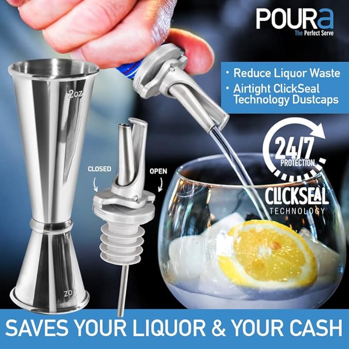 Jigger and Liquor Pourer Bar Set, Double Jigger with BPA Free ClickSeal Speed Pourers Spout - Dishwasher Safe, Universal Fit Liquor Pour Spouts